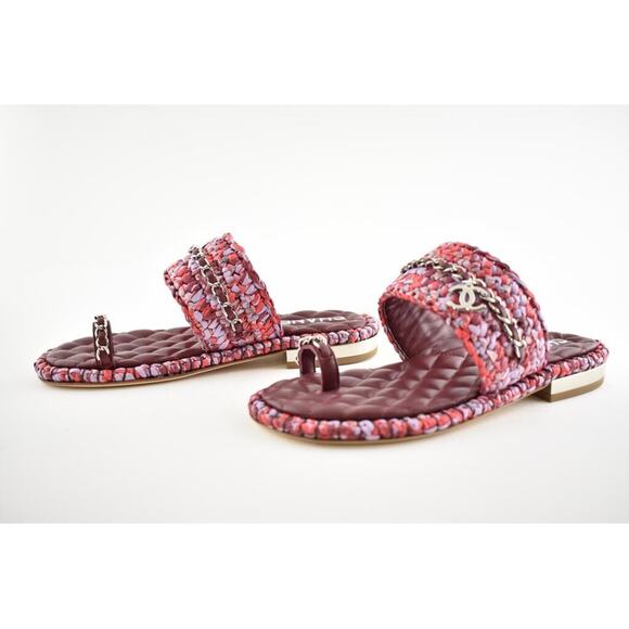 Chanel 20S Red Purple Raffia Tweed CC Chain Logo Mule Slide Strap Flat Sandal 37 - Picture 10 of 12